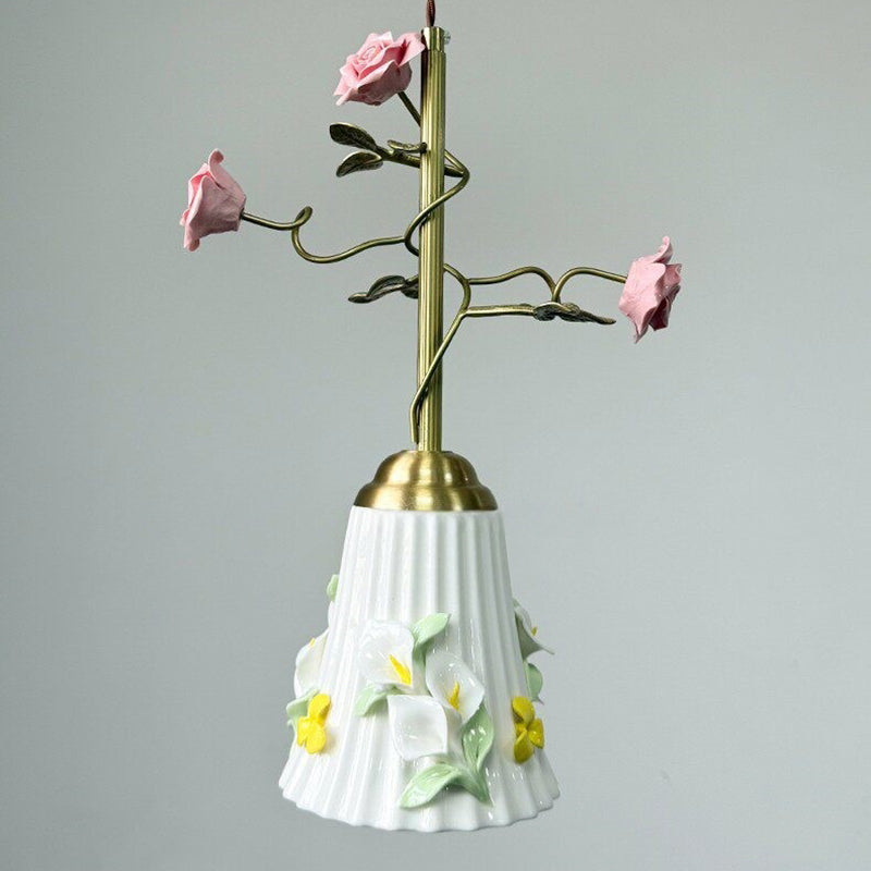 Traditional French Romantic Iron & Ceramic Floral 1-Light Pendant Light For Bedroom & Living Room