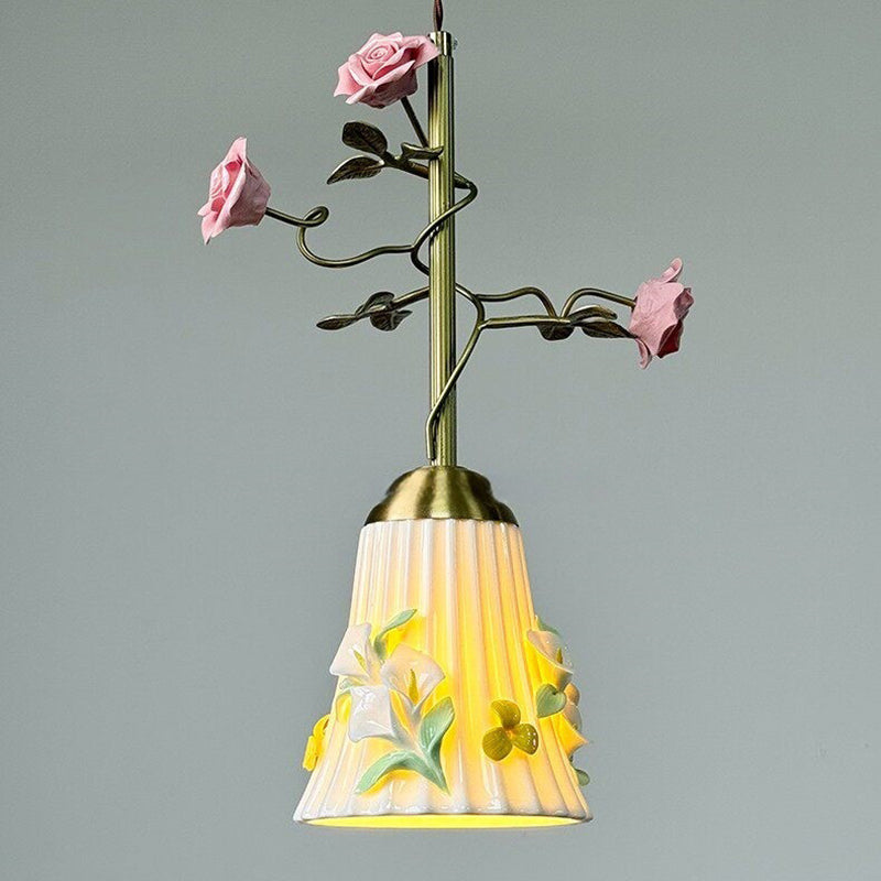 Traditional French Romantic Iron & Ceramic Floral 1-Light Pendant Light For Bedroom & Living Room