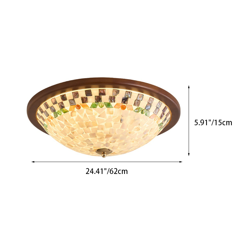 Contemporary Creative Solid Wood Glass Round Shell Shade LED Flush Mount Ceiling Light Walnut Finish For Living Room Bedroom