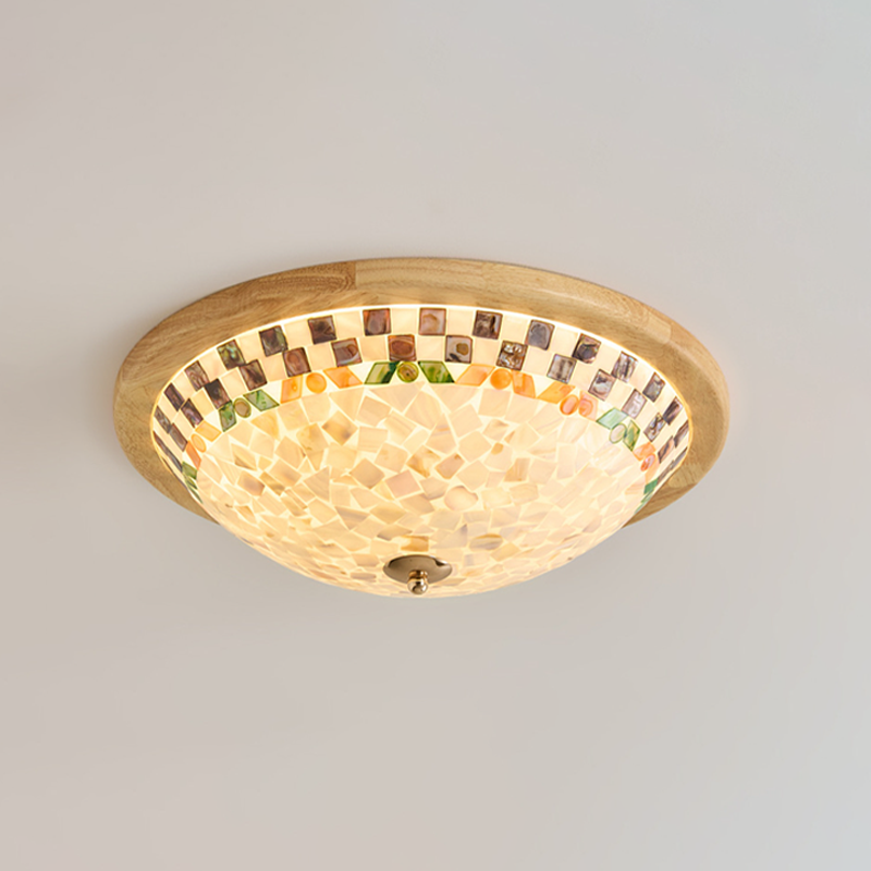 Contemporary Creative Solid Wood Glass Round Shell Shade LED Flush Mount Ceiling Light Walnut Finish For Living Room Bedroom