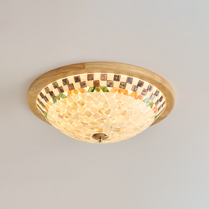 Contemporary Creative Solid Wood Glass Round Shell Shade LED Flush Mount Ceiling Light Walnut Finish For Living Room Bedroom