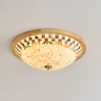 Contemporary Creative Solid Wood Glass Round Shell Shade LED Flush Mount Ceiling Light Walnut Finish For Living Room Bedroom