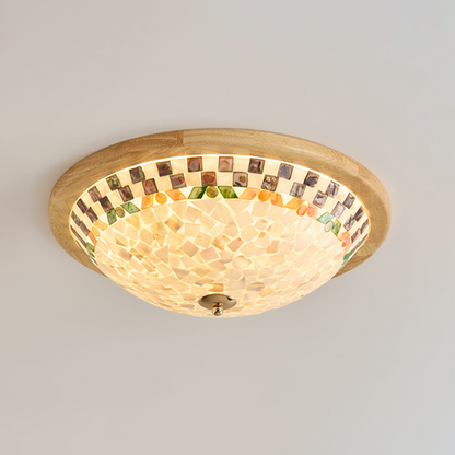Contemporary Creative Solid Wood Glass Round Shell Shade LED Flush Mount Ceiling Light Walnut Finish For Living Room Bedroom