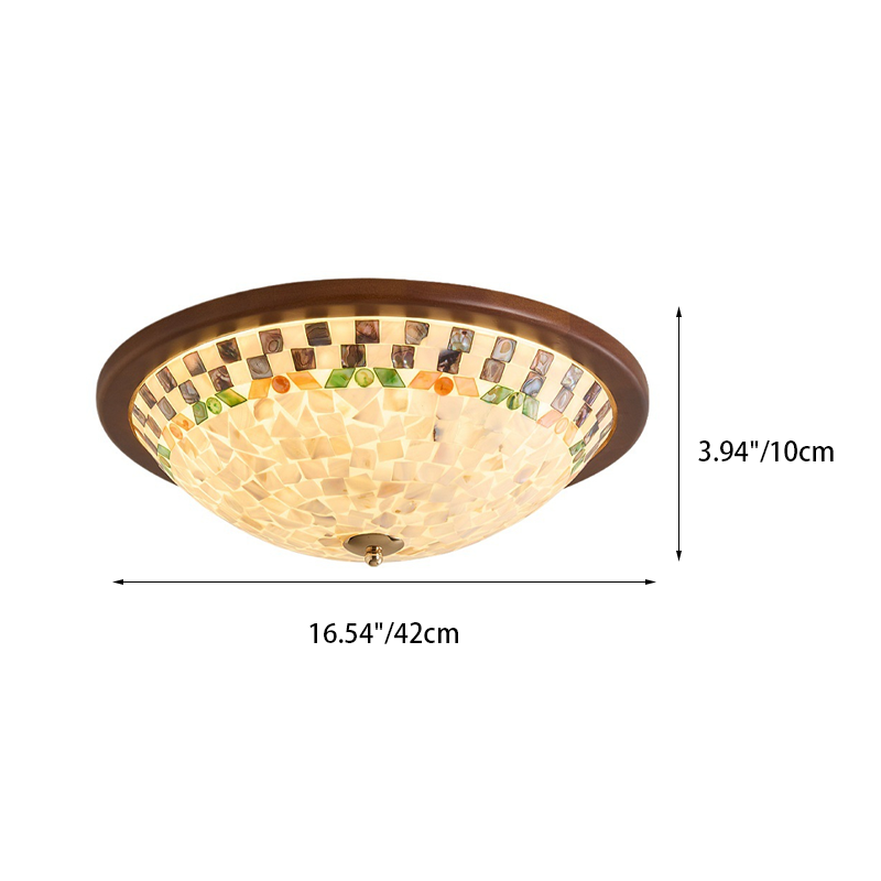 Contemporary Creative Solid Wood Glass Round Shell Shade LED Flush Mount Ceiling Light Walnut Finish For Living Room Bedroom