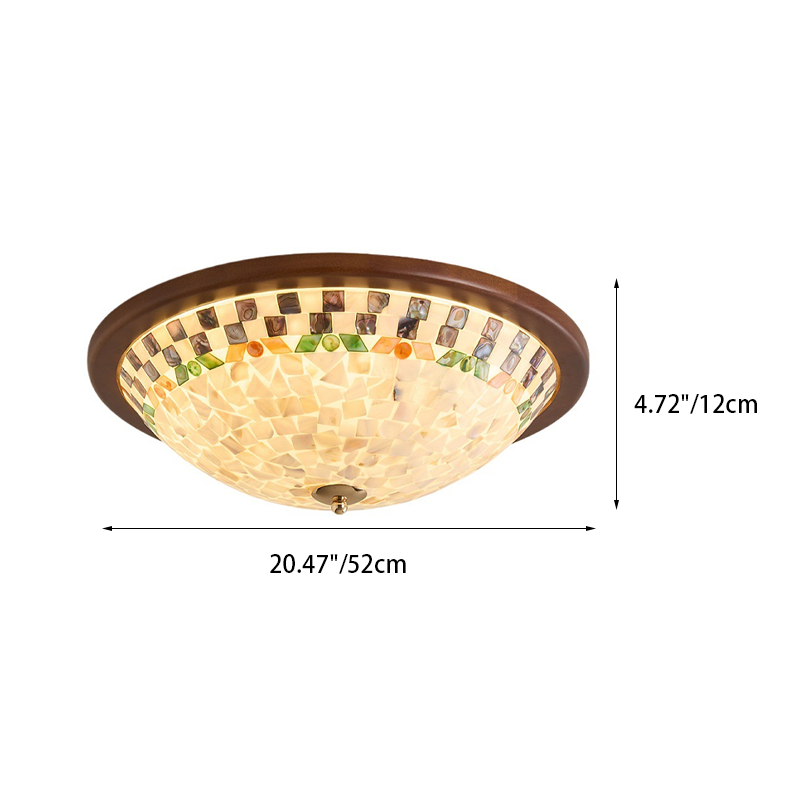 Contemporary Creative Solid Wood Glass Round Shell Shade LED Flush Mount Ceiling Light Walnut Finish For Living Room Bedroom