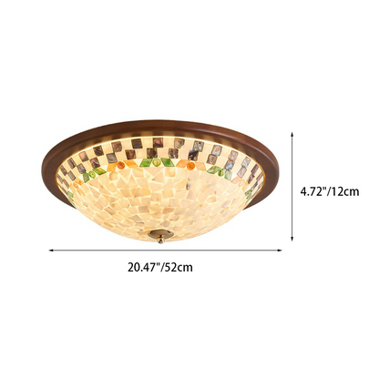 Contemporary Creative Solid Wood Glass Round Shell Shade LED Flush Mount Ceiling Light Walnut Finish For Living Room Bedroom