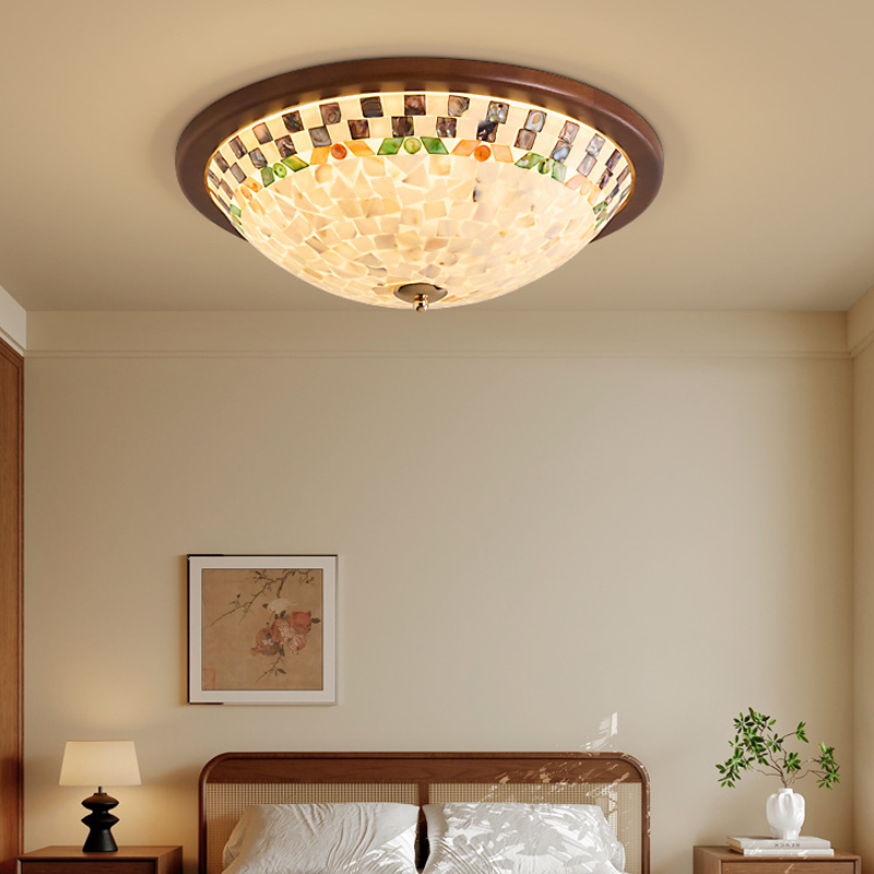Contemporary Creative Solid Wood Glass Round Shell Shade LED Flush Mount Ceiling Light Walnut Finish For Living Room Bedroom