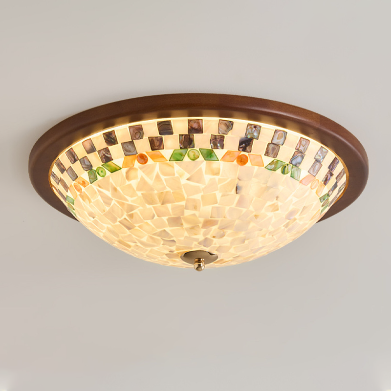 Contemporary Creative Solid Wood Glass Round Shell Shade LED Flush Mount Ceiling Light Walnut Finish For Living Room Bedroom