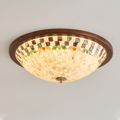 Contemporary Creative Solid Wood Glass Round Shell Shade LED Flush Mount Ceiling Light Walnut Finish For Living Room Bedroom