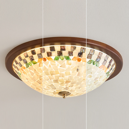 Contemporary Creative Solid Wood Glass Round Shell Shade LED Flush Mount Ceiling Light Walnut Finish For Living Room Bedroom
