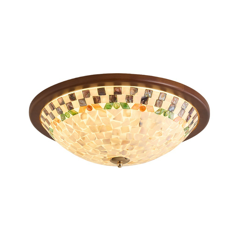 Contemporary Creative Solid Wood Glass Round Shell Shade LED Flush Mount Ceiling Light Walnut Finish For Living Room Bedroom
