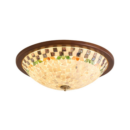 Contemporary Creative Solid Wood Glass Round Shell Shade LED Flush Mount Ceiling Light Walnut Finish For Living Room Bedroom