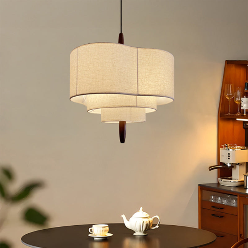 Traditional Vintage Irregular Shape Iron Solid Wood Fabric 1-light Pendant Light for Dining Room BulbSquare