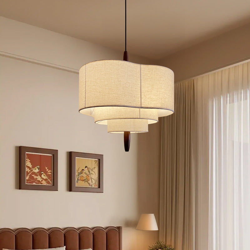 Traditional Vintage Irregular Shape Iron Solid Wood Fabric 1-light Pendant Light for Dining Room BulbSquare