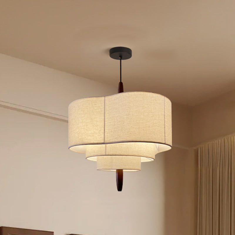 Traditional Vintage Irregular Shape Iron Solid Wood Fabric 1-light Pendant Light for Dining Room BulbSquare