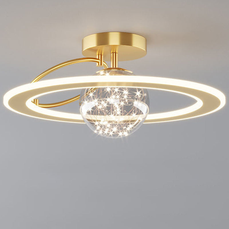 Traditional Luxury Planet Shape Glass Iron Acrylic LED Semi-flush Mount Ceiling Light for Bedroom