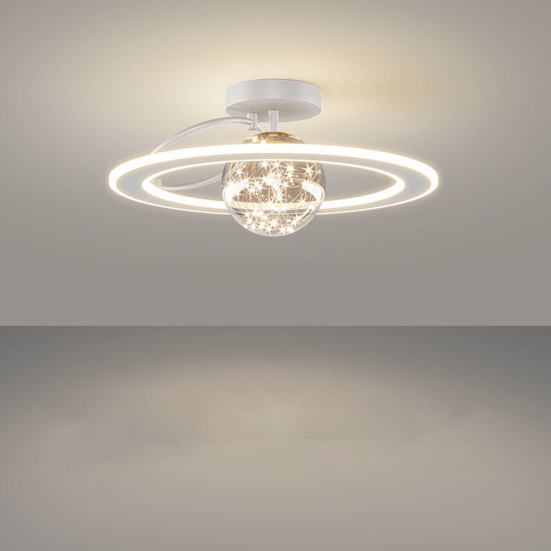 Traditional Luxury Planet Shape Glass Iron Acrylic LED Semi-flush Mount Ceiling Light for Bedroom