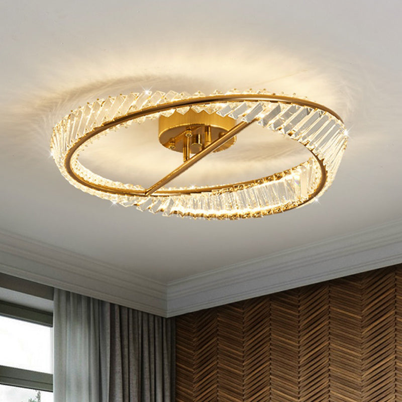 Traditional Luxury Ring Metal Crystal LED Semi-flush Mount Ceiling Light for Bedroom