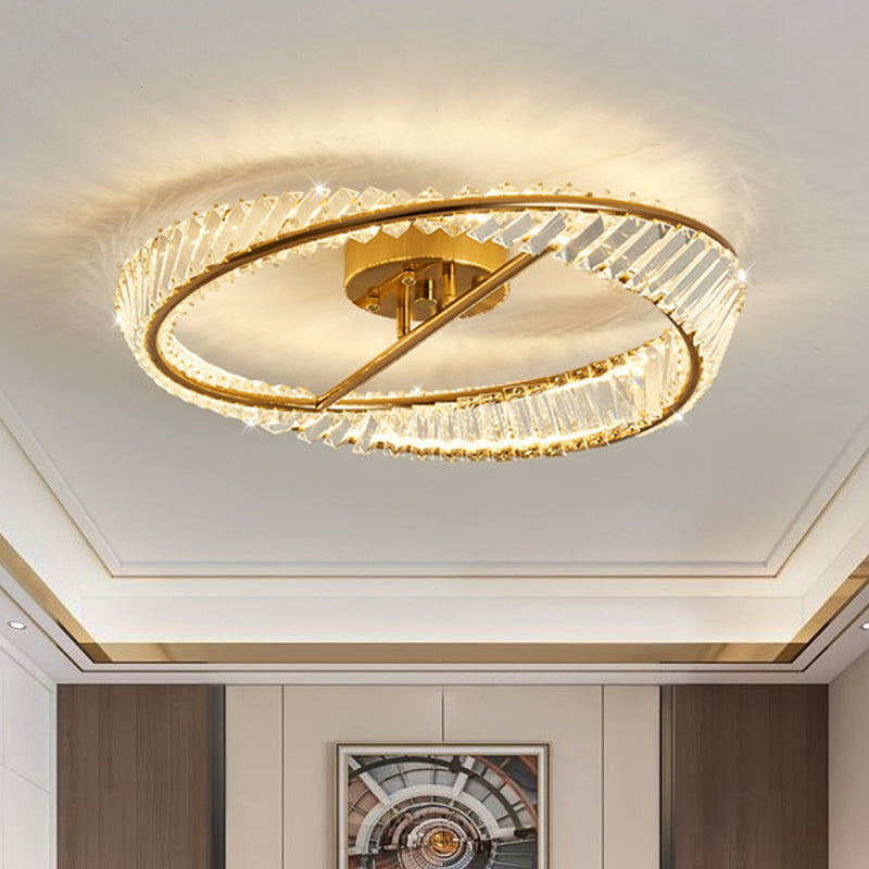 Traditional Luxury Ring Metal Crystal LED Semi-flush Mount Ceiling Light for Bedroom
