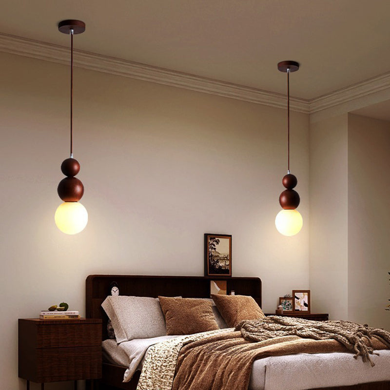 Traditional Vintage Gourd-Shaped Solid Wood Glass 1-Light Pendant Light For Bedroom