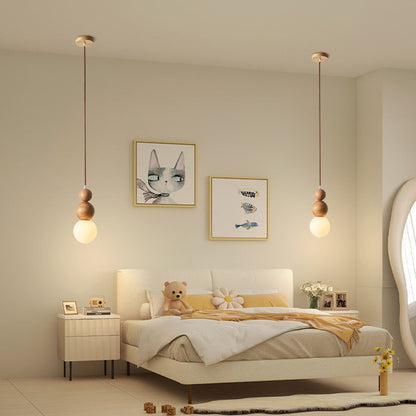 Traditional Vintage Gourd-Shaped Solid Wood Glass 1-Light Pendant Light For Bedroom
