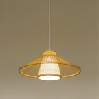 Traditional Japanese Conical Cylindrical Iron Bamboo Weaving 1-Light Pendant Light For Dining Room