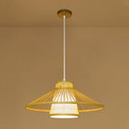 Traditional Japanese Conical Cylindrical Iron Bamboo Weaving 1-Light Pendant Light For Dining Room