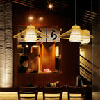 Traditional Japanese Conical Cylindrical Iron Bamboo Weaving 1-Light Pendant Light For Dining Room