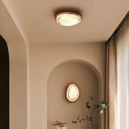 Traditional Vintage Irregular Round Walnut Resin LED Flush Mount Ceiling Light For Bedroom