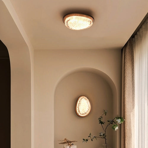 Traditional Vintage Irregular Round Walnut Resin LED Flush Mount Ceiling Light For Bedroom