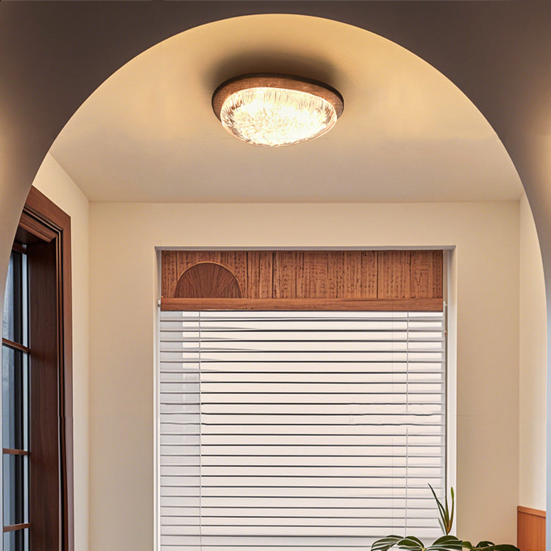 Traditional Vintage Irregular Round Walnut Resin LED Flush Mount Ceiling Light For Bedroom