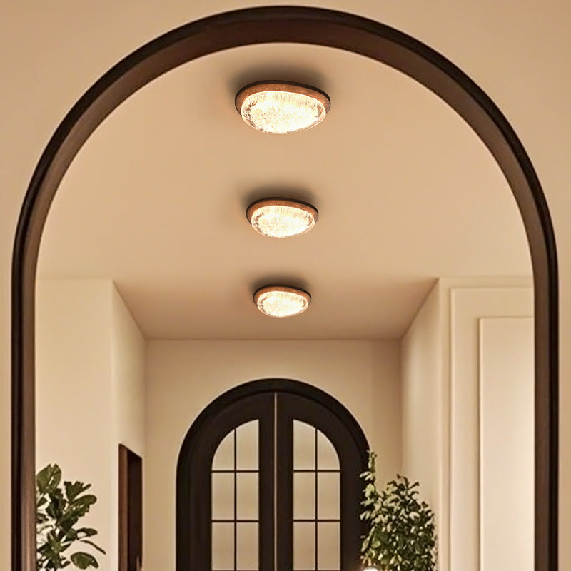 Traditional Vintage Irregular Round Walnut Resin LED Flush Mount Ceiling Light For Bedroom
