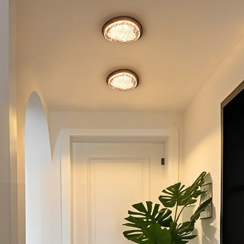Traditional Vintage Irregular Round Walnut Resin LED Flush Mount Ceiling Light For Bedroom