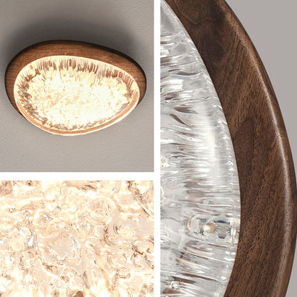 Traditional Vintage Irregular Round Walnut Resin LED Flush Mount Ceiling Light For Bedroom