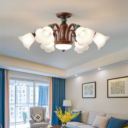 Traditional Vintage Multi-flower Metal Glass 4/7/9/11-light Semi-flush Mount Ceiling Light for Living Room