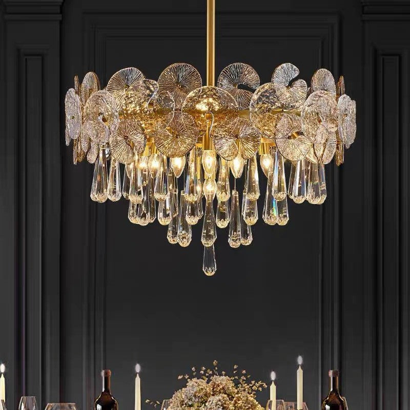 Traditional Luxury Round Teardrop Crystal Copper Glass 6/9/12-light Chandelier for Living Room BulbSquare