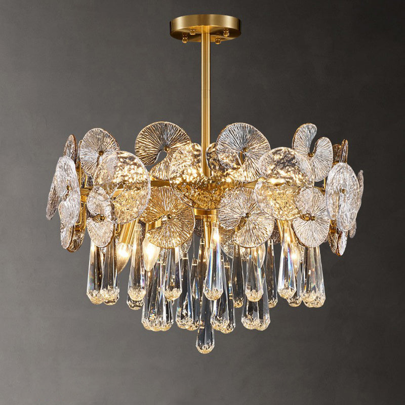 Traditional Luxury Round Teardrop Crystal Copper Glass 6/9/12-light Chandelier for Living Room BulbSquare