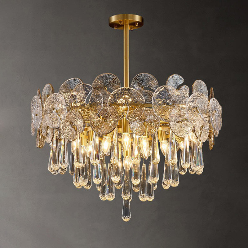 Traditional Luxury Round Teardrop Crystal Copper Glass 6/9/12-light Chandelier for Living Room BulbSquare