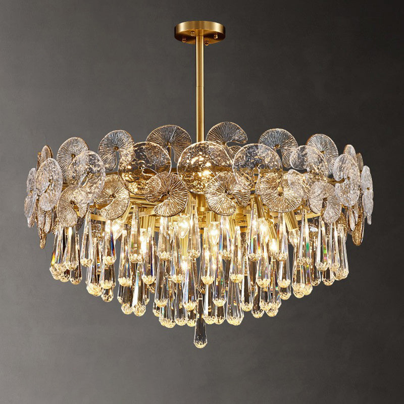 Traditional Luxury Round Teardrop Crystal Copper Glass 6/9/12-light Chandelier for Living Room BulbSquare
