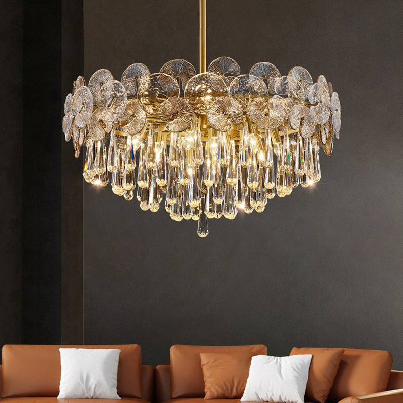 Traditional Luxury Round Teardrop Crystal Copper Glass 6/9/12-light Chandelier for Living Room BulbSquare