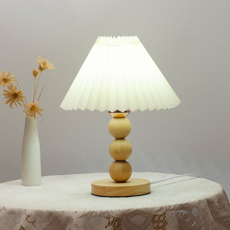 Traditional Vintage Pleated Gourd Shaped Oak Fabric 1-Light Table Lamp For Bedroom Lumendat