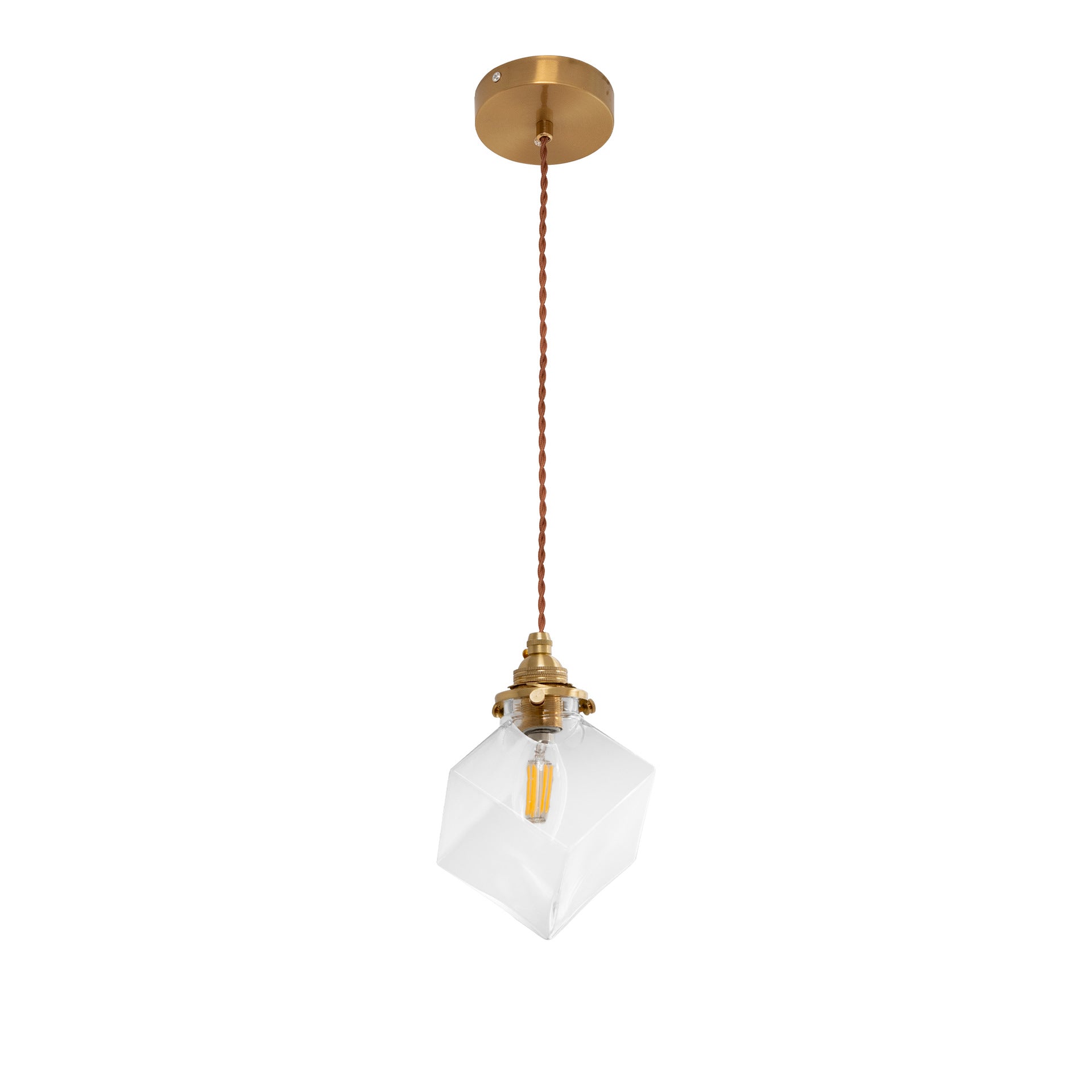 Modern Minimalist Square Metal Glass Copper 1-Light Pendant Light For Living Room