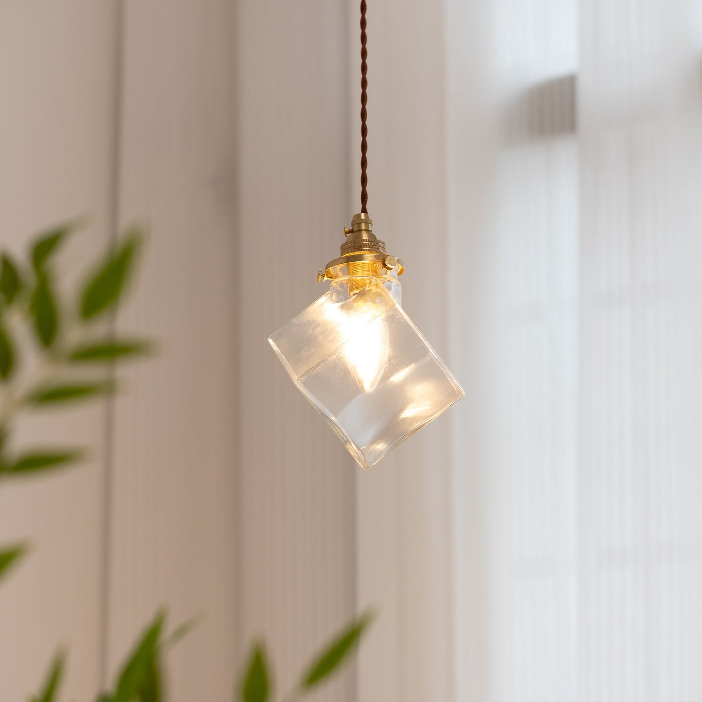 Modern Minimalist Square Metal Glass Copper 1-Light Pendant Light For Living Room