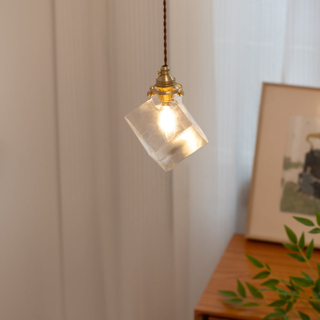 Modern Minimalist Square Metal Glass Copper 1-Light Pendant Light For Living Room
