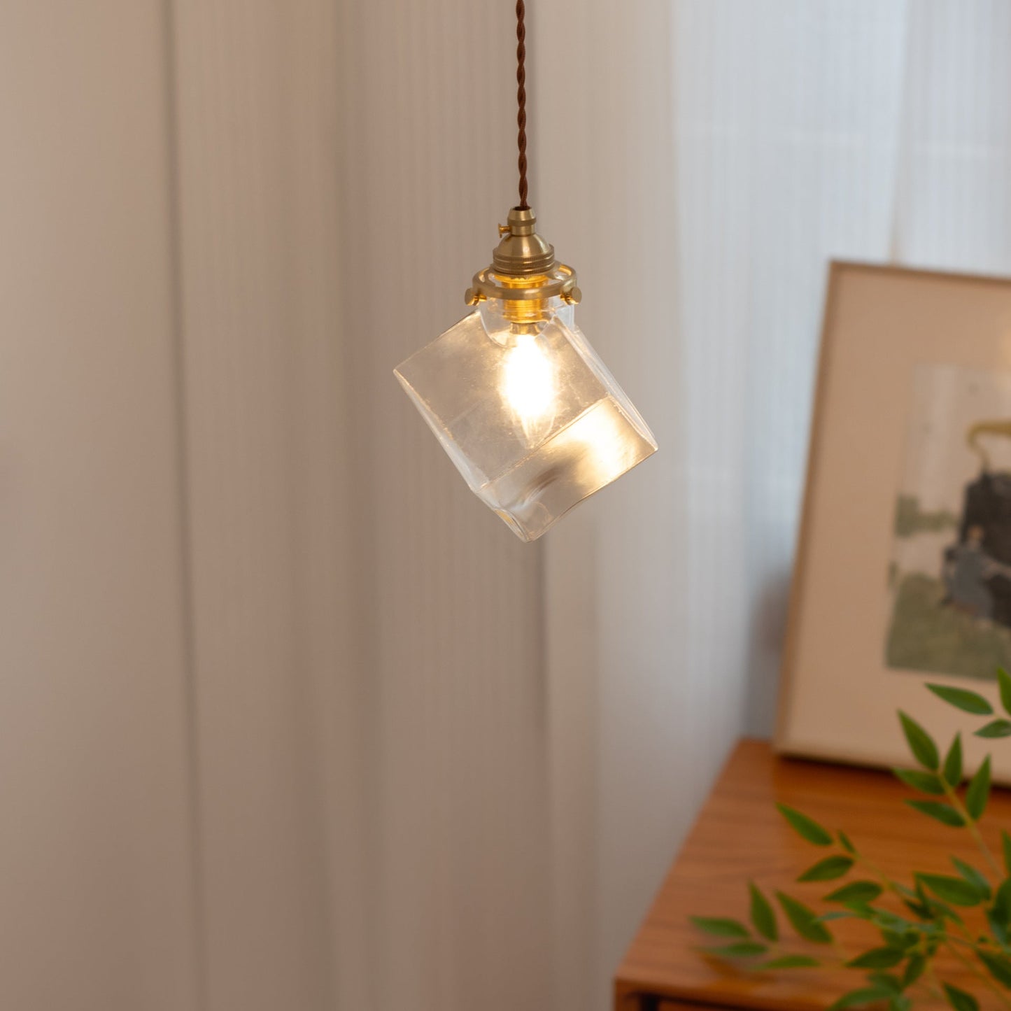 Modern Minimalist Square Metal Glass Copper 1-Light Pendant Light For Living Room