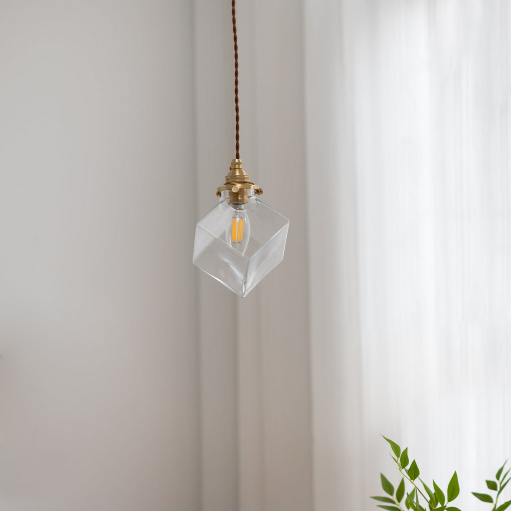 Modern Minimalist Square Metal Glass Copper 1-Light Pendant Light For Living Room