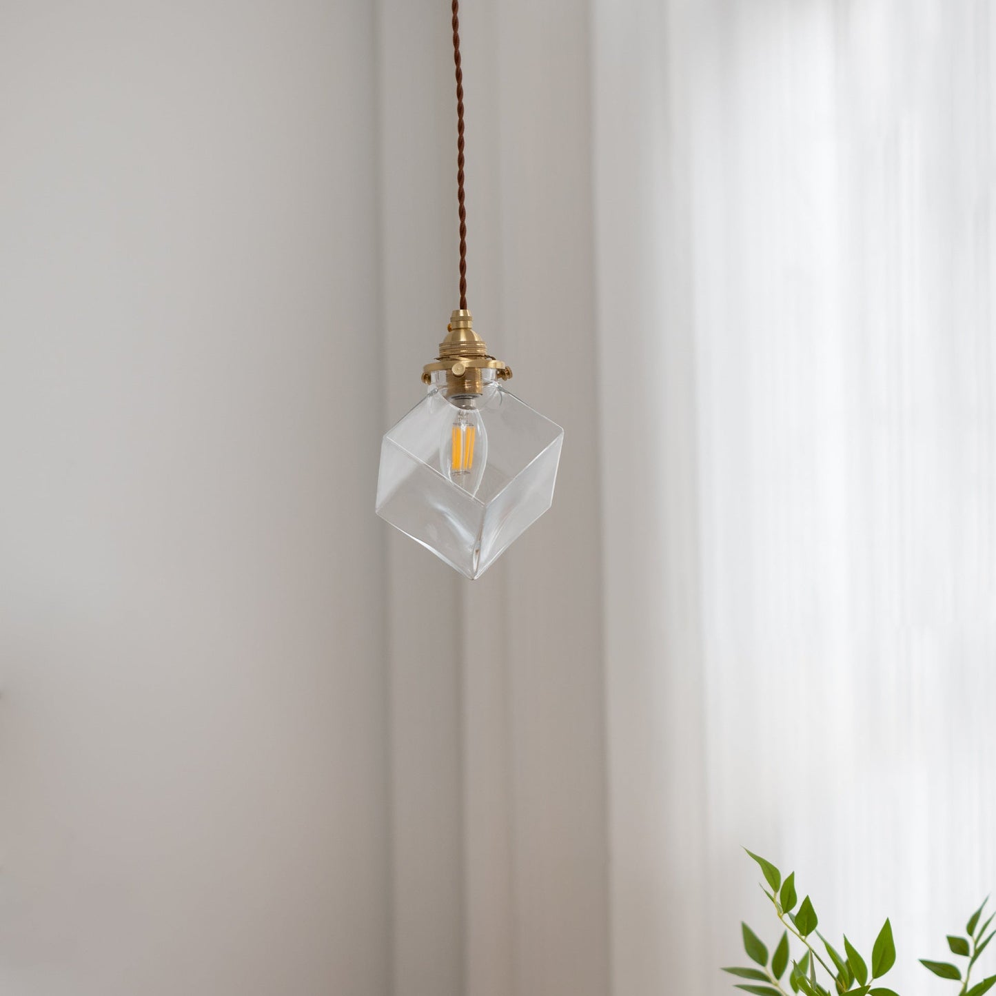 Modern Minimalist Square Metal Glass Copper 1-Light Pendant Light For Living Room