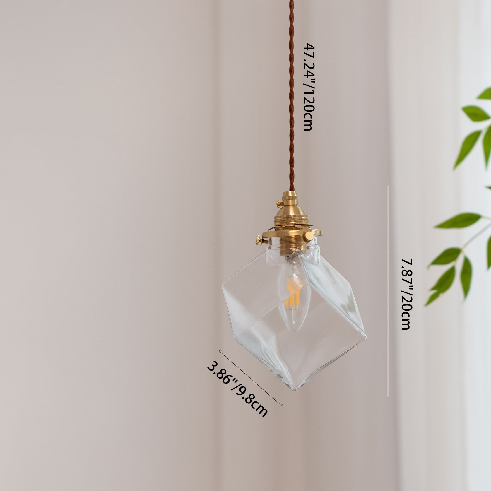 Modern Minimalist Square Metal Glass Copper 1-Light Pendant Light For Living Room