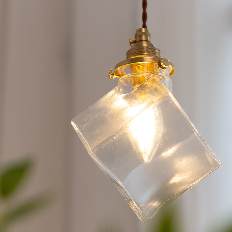 Modern Minimalist Square Metal Glass Copper 1-Light Pendant Light For Living Room