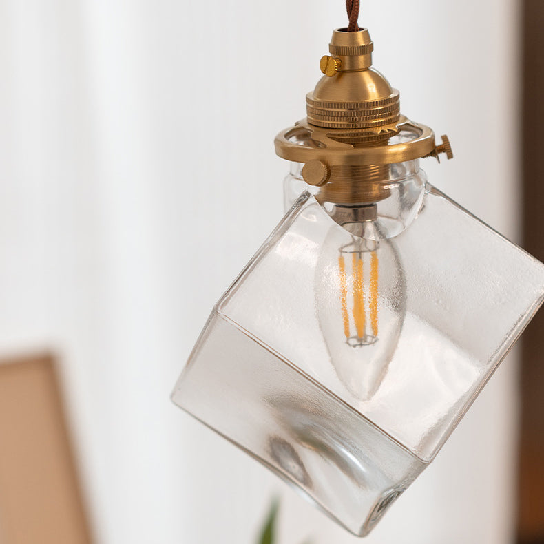 Modern Minimalist Square Metal Glass Copper 1-Light Pendant Light For Living Room